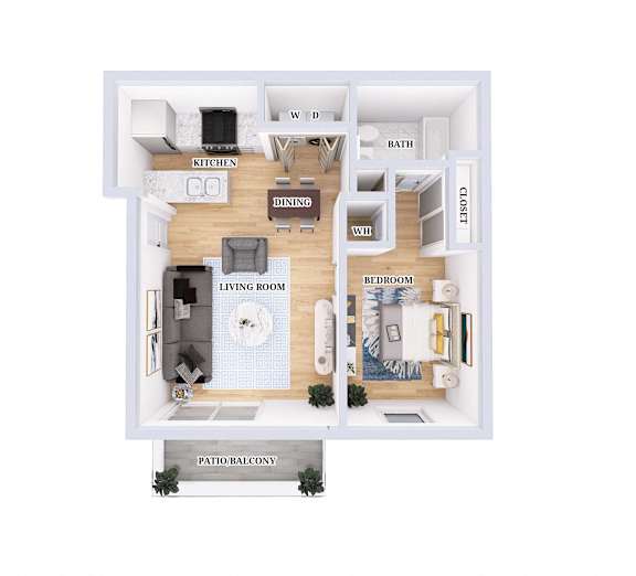 A diagram of a house layout with a living room, dining room, kitchen, and bedrooms.