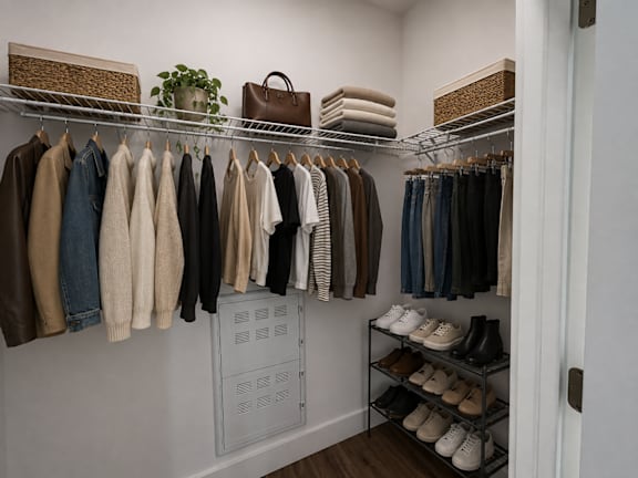 A white closet with clothes and shoes.