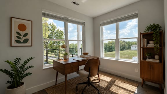 A room with a desk and chair in front of a window with a view of a lawn.