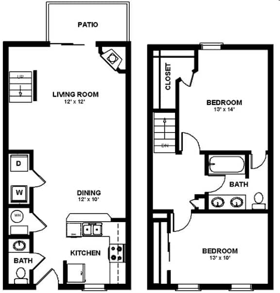 2 Bed 1.5 Bath Floorplan at College Park, Columbus, OH, 43209