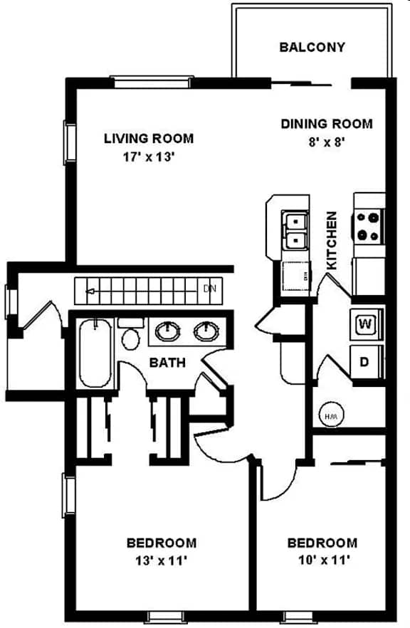 2 Bed 1 Bath Floorplan at College Park, Ohio, 43209