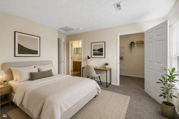 A bedroom with a large bed and a desk with a chair.