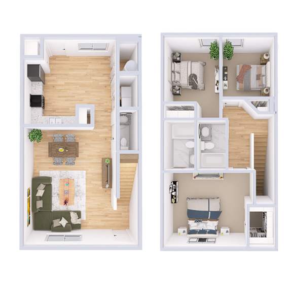 A floor plan of a two-bedroom apartment with a living room and a kitchen.