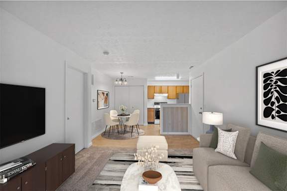 A modern living room with a grey couch, a coffee table, and a flat screen TV.