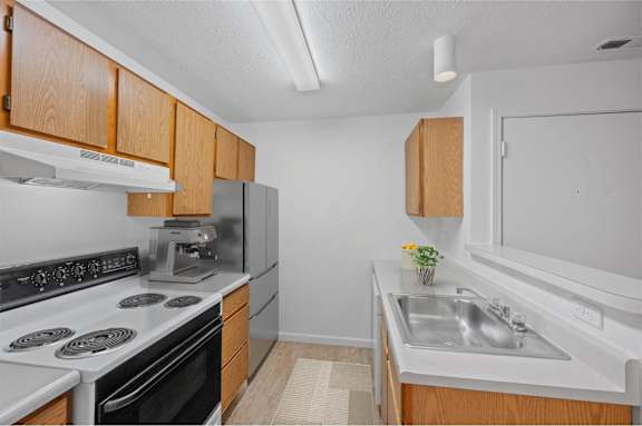 A kitchen with a stove, oven, sink, and refrigerator.