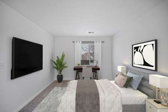 A bedroom with a bed, a desk, a chair, a plant, a lamp, and a painting on the wall.