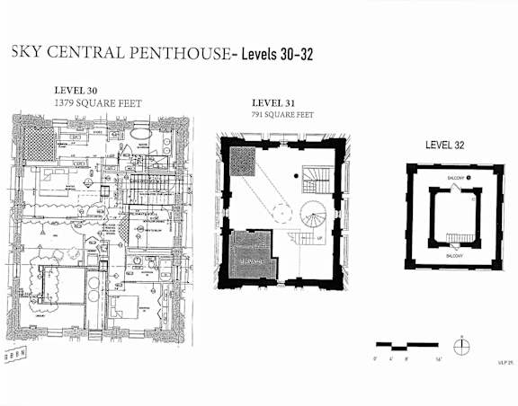 A black and white image showing the floor plans for Sky Central Penthouse - Levels 30-32.