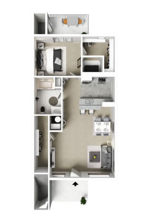 A floor plan of a small apartment with a kitchen, living room, and bathroom.