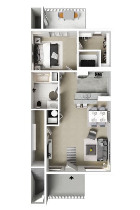 A floor plan of an apartment with a kitchen, living room, and two bedrooms.