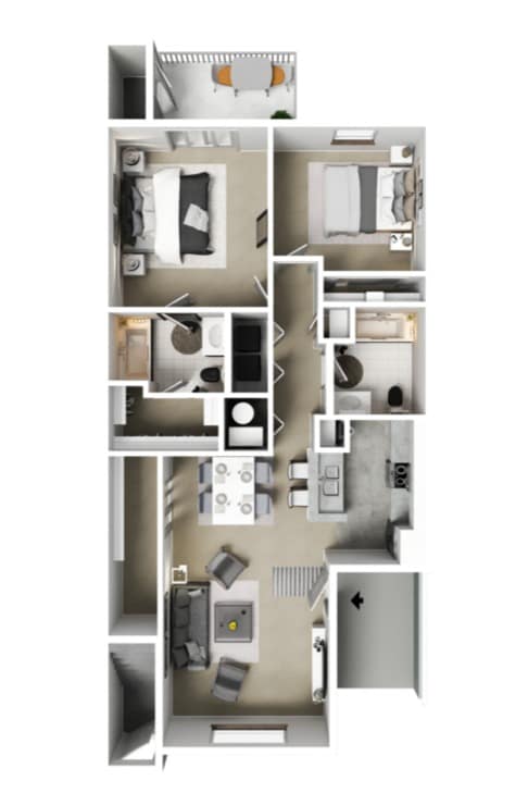 A floor plan of a small apartment with a kitchen, living room, and two bedrooms.