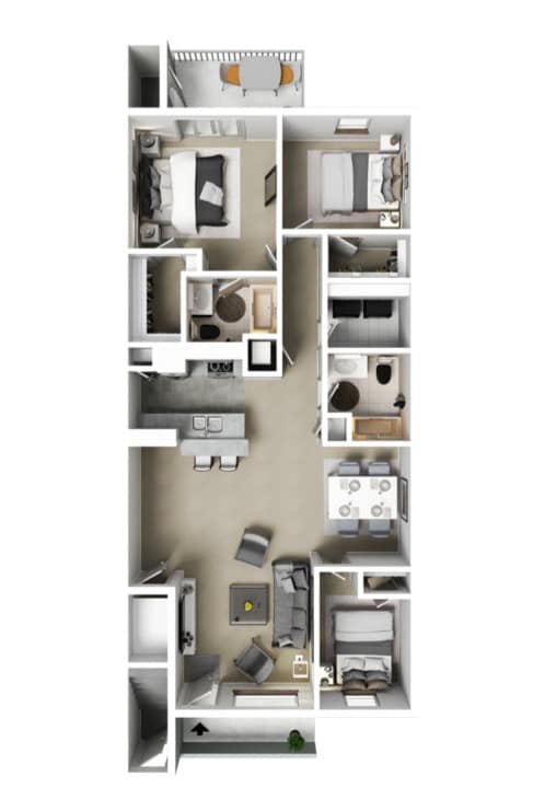 A floor plan of a house with a kitchen, living room, dining room, and bathrooms.