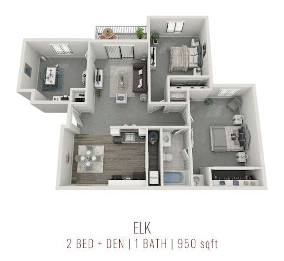 A 2 bedroom, 1 bathroom apartment with a total area of 950 sqft.