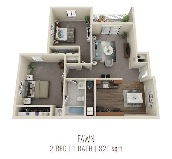 A 2 bedroom, 1 bathroom apartment is 821 square feet.