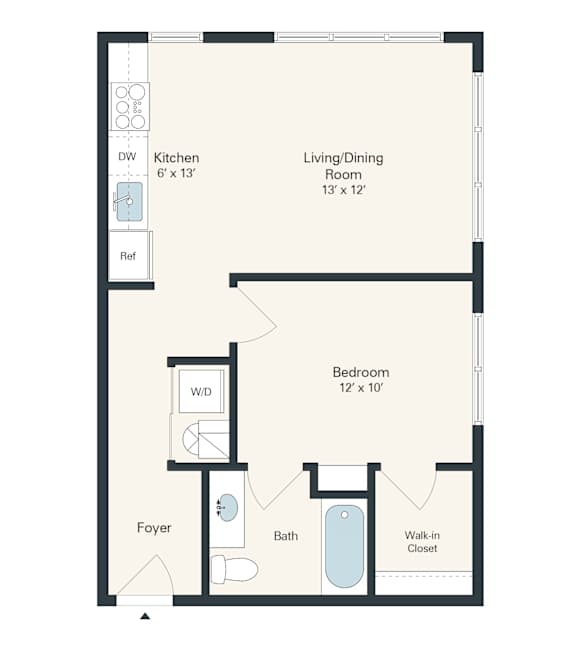 A floor plan of a small apartment with a kitchen, living room, bedroom, bathroom, and foyer.