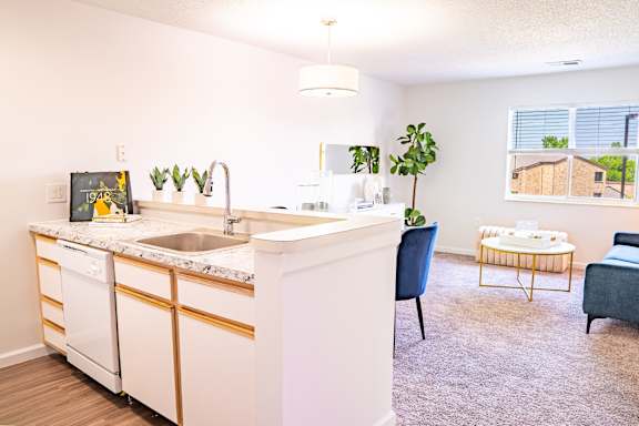 A kitchen with a sink, a fridge, and a dining table with chairs.