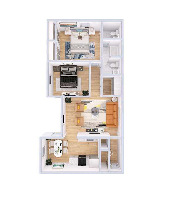 A top-down view of a two-story apartment with a living room, kitchen, and bedrooms.