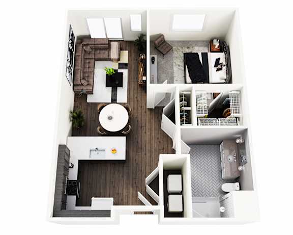 A top down view of a small apartment with a kitchen, living room, and bathroom.