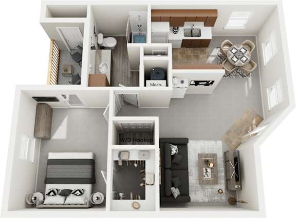 A 3D floor plan of a small apartment with a kitchen, living room, and bathroom.