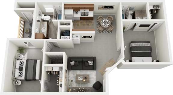 A top-down view of a small apartment with a kitchen, living room, and bedroom.