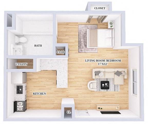 A diagram of a small apartment with a living room, kitchen, bathroom, and closet.