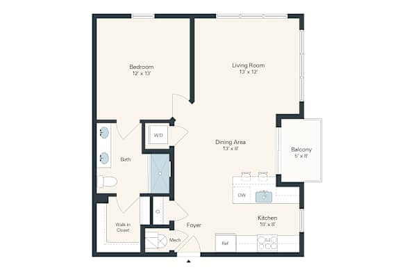 A floor plan of a small apartment with a bedroom, living room, dining area, kitchen, bathroom, foyer, and balcony.