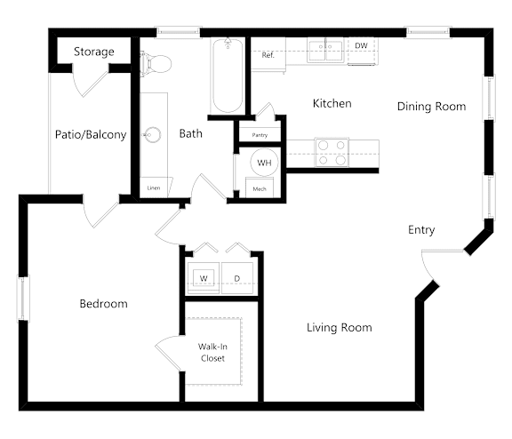A black and white floor plan of a house with a living room, dining room, kitchen, bath, and bedroom.