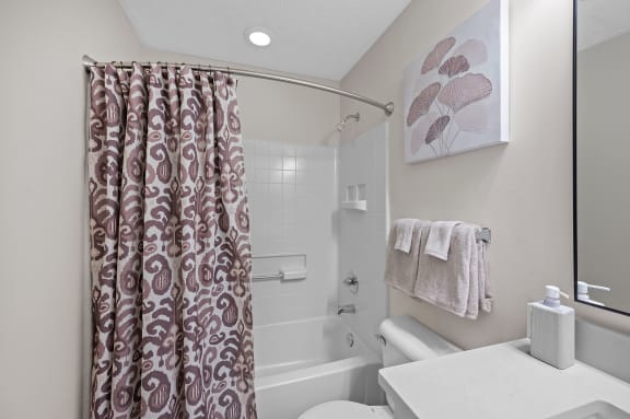 Bathroom with a shower curtain and a toilet and a sink at Four Bridges, Liberty Township, OH