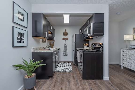 A kitchen with black cabinets and a wooden floor.