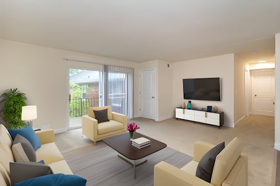 a living room with couches and a coffee table and a television at Olde Towne in Kenwood, Cincinnati, Ohio