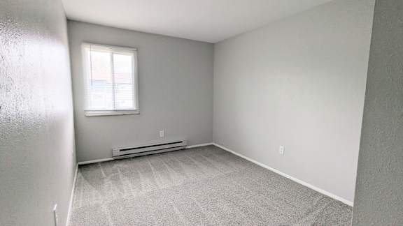 A room with a window and a carpeted floor.