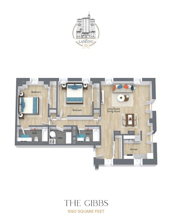 A floor plan of a 1060 square feet home with a living room, dining room, kitchen, two bedrooms, and two bathrooms.