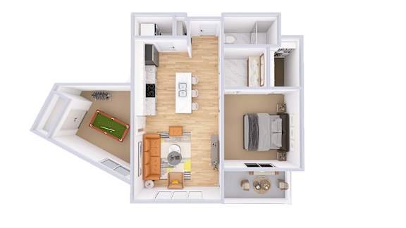 A top down view of a small apartment with a kitchen, living room, and bathroom.