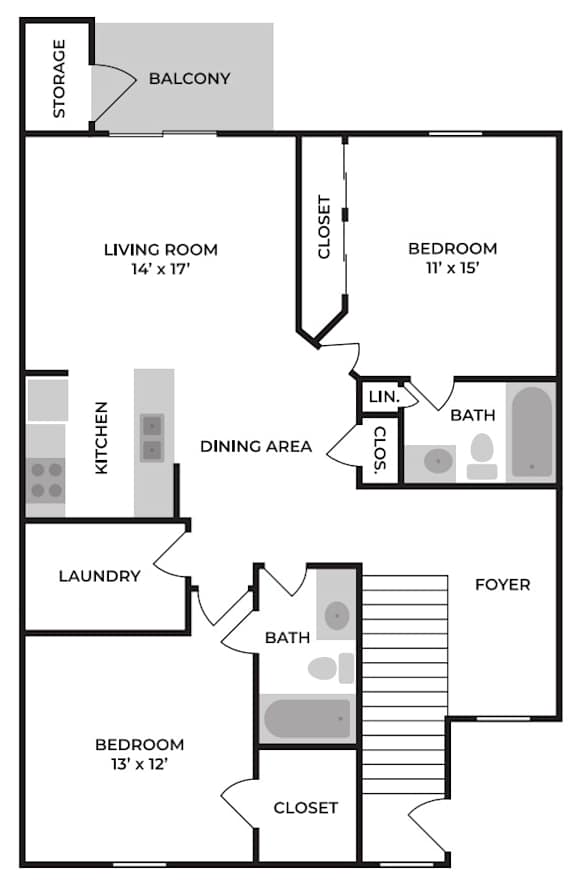 A floor plan of a home with a living room, dining area, kitchen, laundry, and two bedrooms.