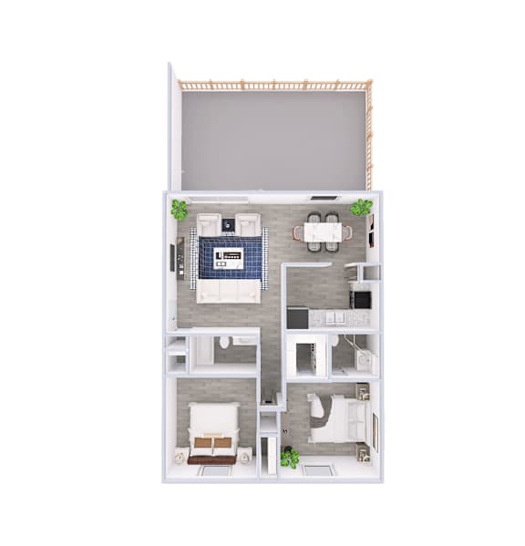 Floor Plan  A 3D floor plan of a small apartment with a kitchen, living room, and bathroom.