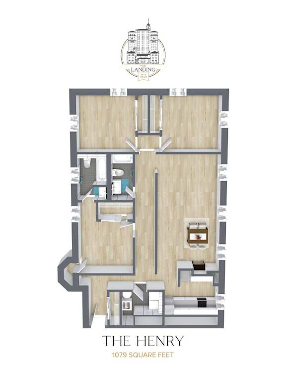 A floor plan of a building named The Henry with 1079 square feet.