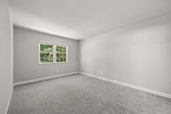 A room with a window and carpeted floor.