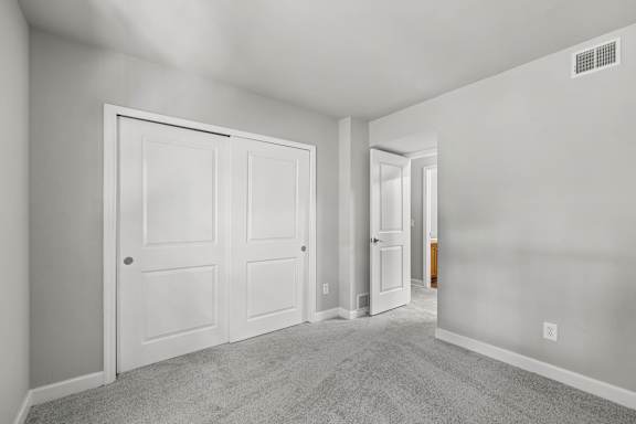 A room with two white doors and a carpeted floor.