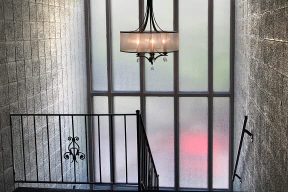 a stained glass window in a stairwel at Cincinnati Premier Living*, Cincinnati, Ohiol