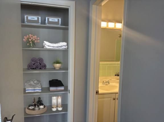 A bathroom with a towel and a plant on the shelf.