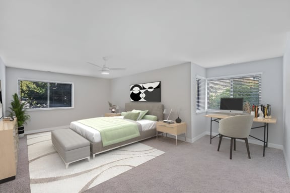 bedroom with a bed and a desk with a chair at Indian Creek Apartments*, Ohio, 45236