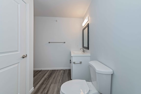 a bathroom with a toilet and a sink and a mirror at Ivy Hills Living Spaces, Cincinnati, Ohio