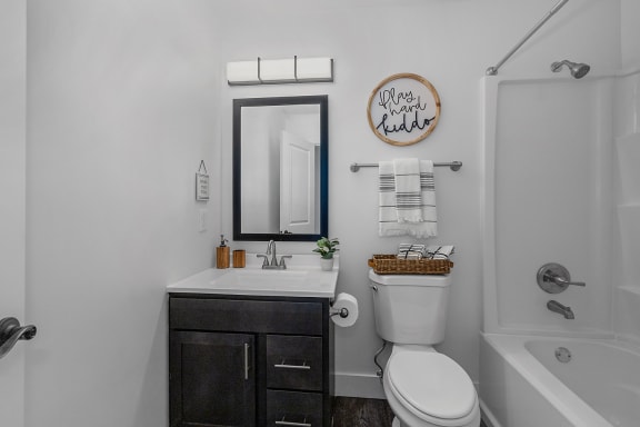 a bathroom with a toilet sink and shower and a mirror at Ivy Hills Living Spaces, Cincinnati, OH, 45244