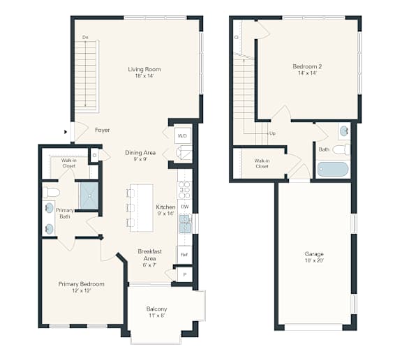 A floor plan of a house with a living room, dining area, kitchen, two bathrooms, two bedrooms, a breakfast area, a balcony, and a garage.