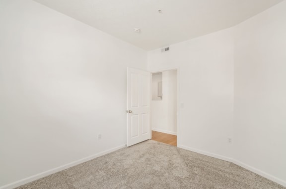 a bedroom with white walls and carpet and a door to a closet