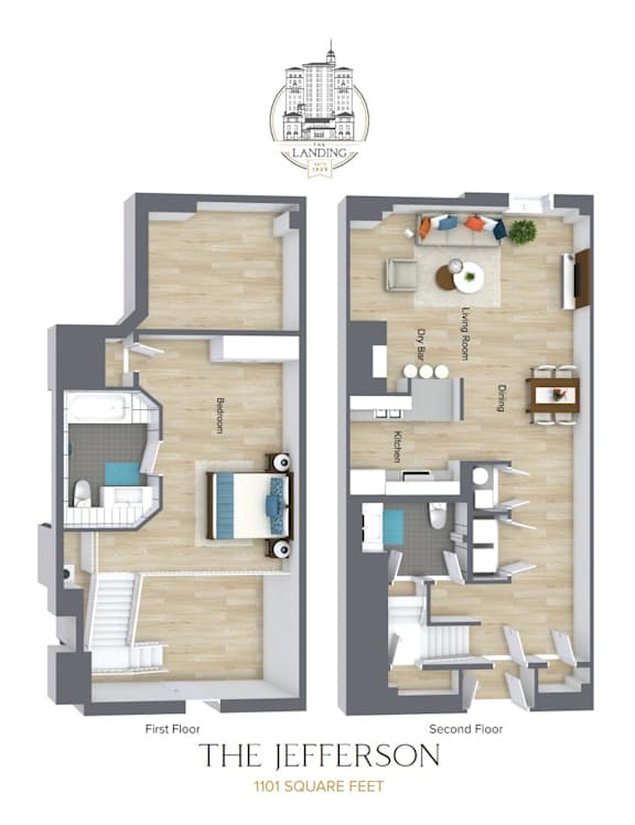 A floor plan of a two-story apartment named The Jefferson.