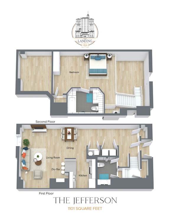 A diagram of a two-story apartment layout with a living room, dining room, kitchen, and bedrooms.