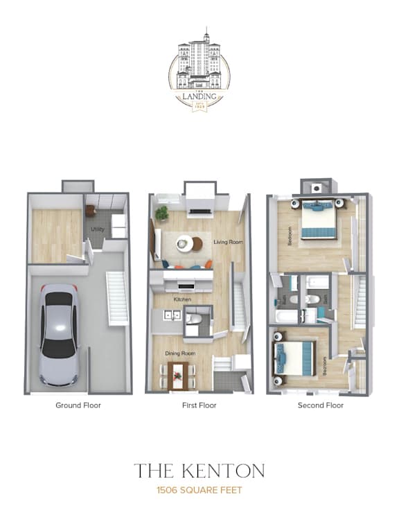 A floor plan of a three-story apartment building with a car parked in the garage on the ground floor.