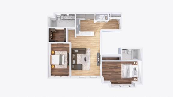 A top-down view of a modern apartment layout with a kitchen, living room, and two bedrooms.