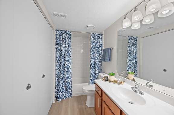 A bathroom with a white sink, a toilet, a shower curtain, and a mirror.