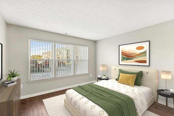 A bedroom with green blanket at Waterfront Pointe, Indianapolis, 46214